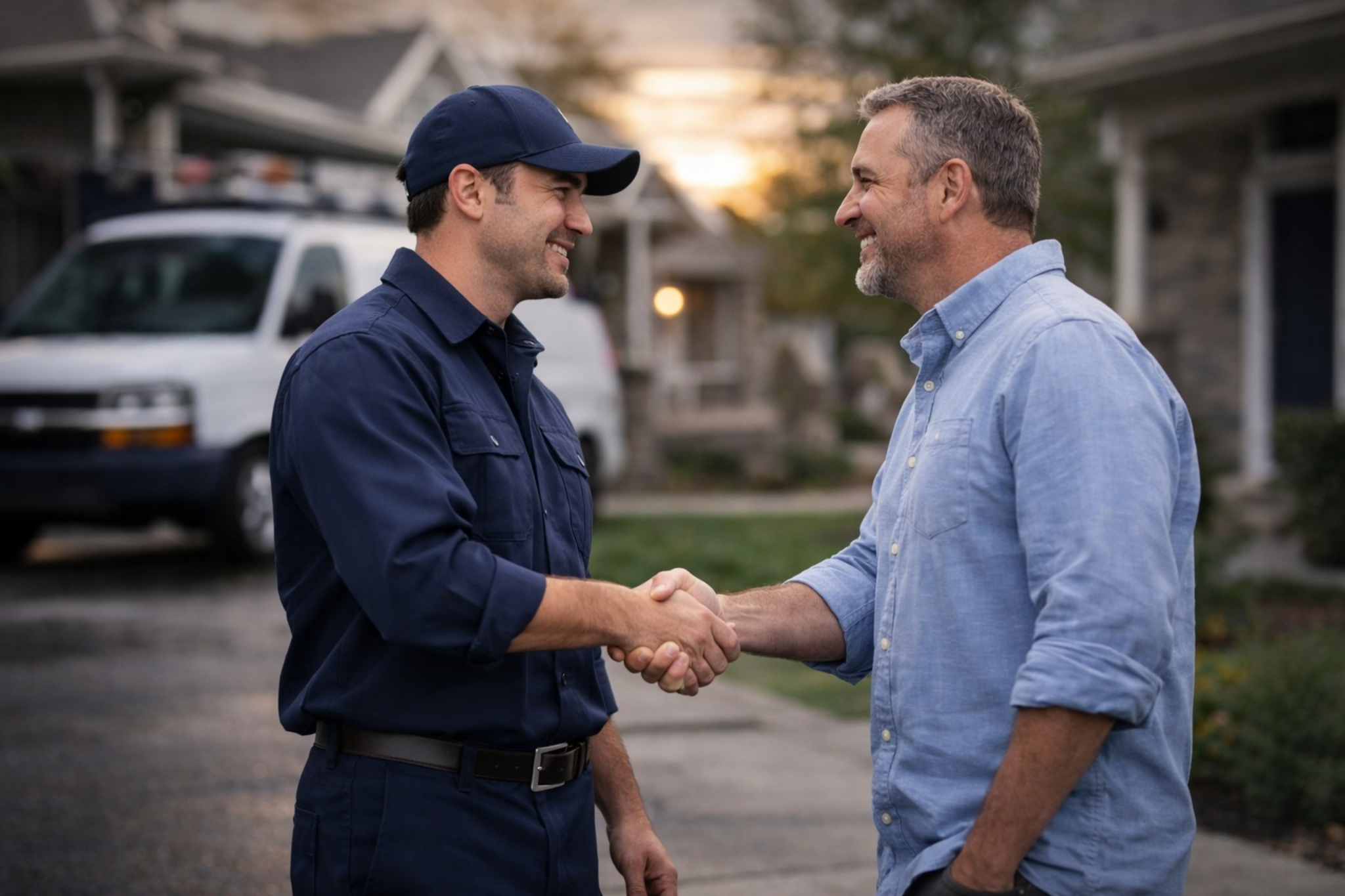 HVAC technician shaking hands with homeowner after repair